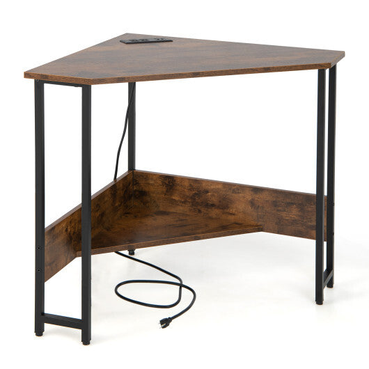Triangle Computer Corner Desk with Charging Station-Rustic Brown W2B