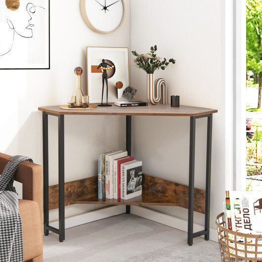Triangle Computer Corner Desk with Charging Station-Rustic Brown W2B