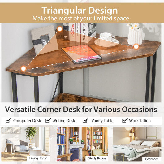 Triangle Computer Corner Desk with Charging Station-Rustic Brown W2B