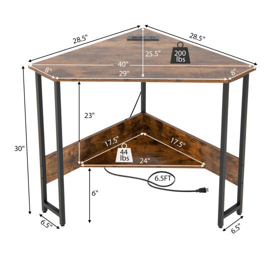 Triangle Computer Corner Desk with Charging Station-Rustic Brown W2B