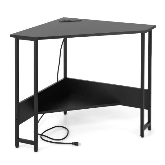 Triangle Computer Corner Desk with Charging Station-Rustic Brown W2B