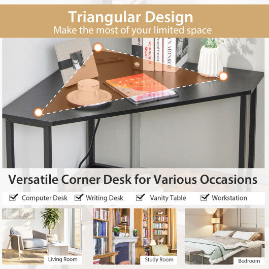 Triangle Computer Corner Desk with Charging Station-Rustic Brown W2B