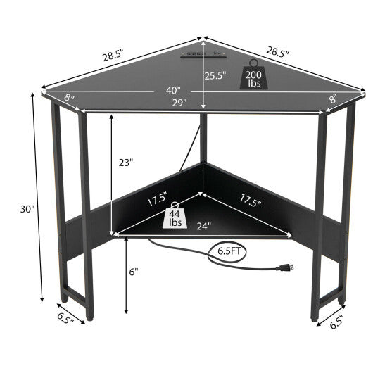 Triangle Computer Corner Desk with Charging Station-Rustic Brown W2B