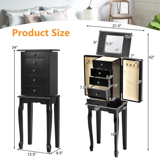 2 Colors Armoire Storage Standing Jewelry Cabinet with Mirror-Black - Color: Black W2B