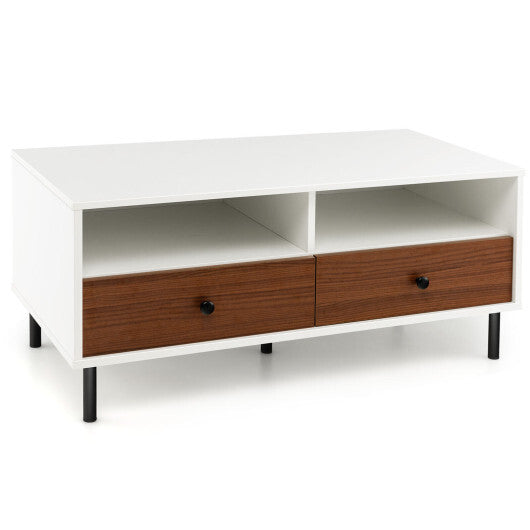 2 Tier 40 Inch Length Modern Rectangle Coffee Table with Storage Shelf and Drawers-White - Color: White W2B