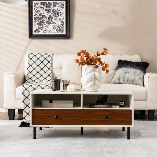 2 Tier 40 Inch Length Modern Rectangle Coffee Table with Storage Shelf and Drawers-White - Color: White W2B
