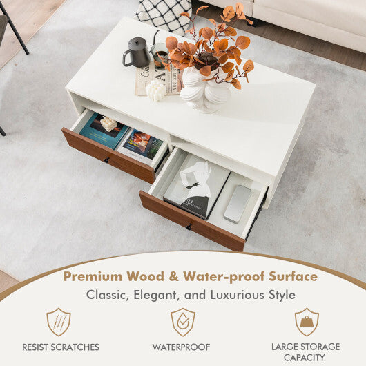 2 Tier 40 Inch Length Modern Rectangle Coffee Table with Storage Shelf and Drawers-White - Color: White W2B