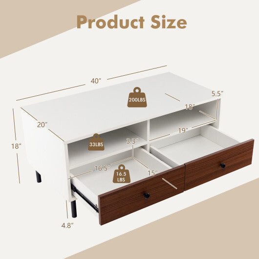 2 Tier 40 Inch Length Modern Rectangle Coffee Table with Storage Shelf and Drawers-White - Color: White W2B