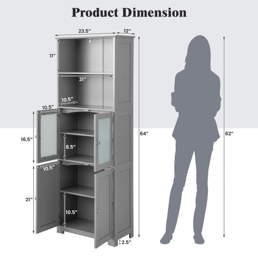 6-Tier Freestanding Bathroom Cabinet with 2 Open Compartments and Adjustable Shelves-Black W2B
