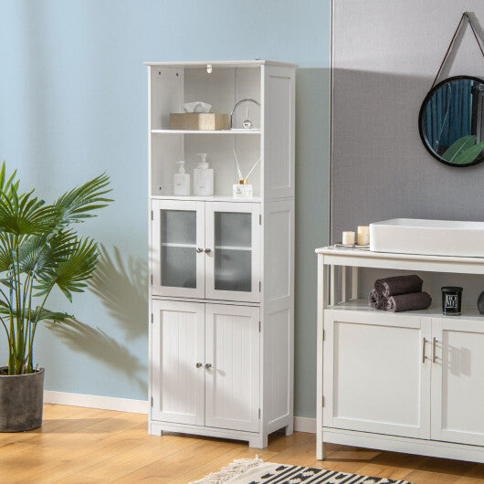 6-Tier Freestanding Bathroom Cabinet with 2 Open Compartments and Adjustable Shelves-Black W2B
