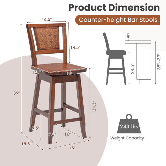 2 Pieces 24.5 Inch Bar Stools with Rattan Back and Swivel Seat W2B