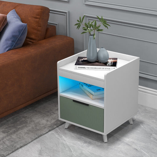 Modern Nightstand with LED Lights Sliding Drawer and Open Compartment-White