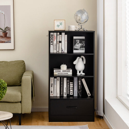 48 Inch Tall 4 Tiers Wood Bookcase with Drawer-Black - Color: Black - Size: 48 inches W2B