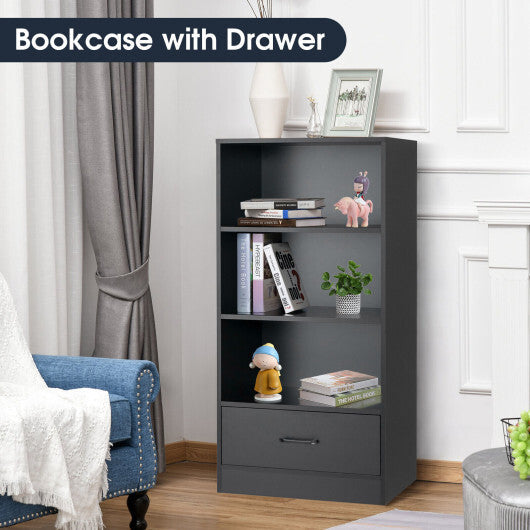 48 Inch Tall 4 Tiers Wood Bookcase with Drawer-Black - Color: Black - Size: 48 inches W2B