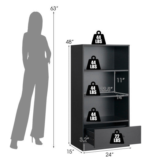 48 Inch Tall 4 Tiers Wood Bookcase with Drawer-Black - Color: Black - Size: 48 inches W2B