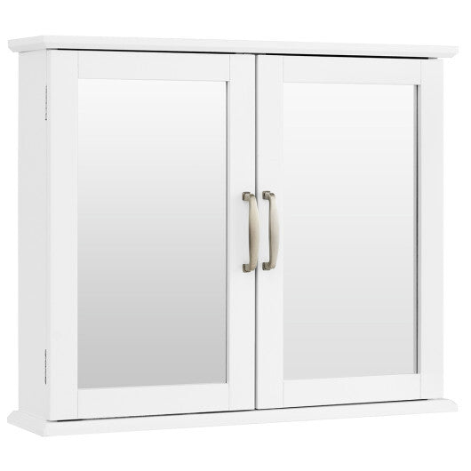 2-Tier Bathroom Wall-Mounted Mirror Storage Cabinet with Handles-White W2B