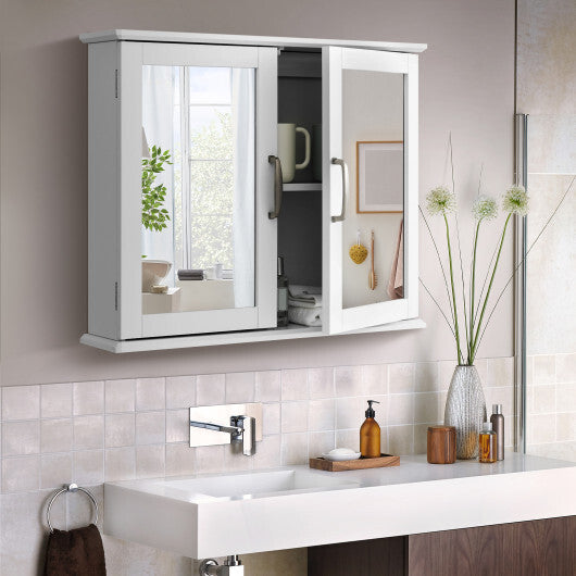 2-Tier Bathroom Wall-Mounted Mirror Storage Cabinet with Handles-White W2B