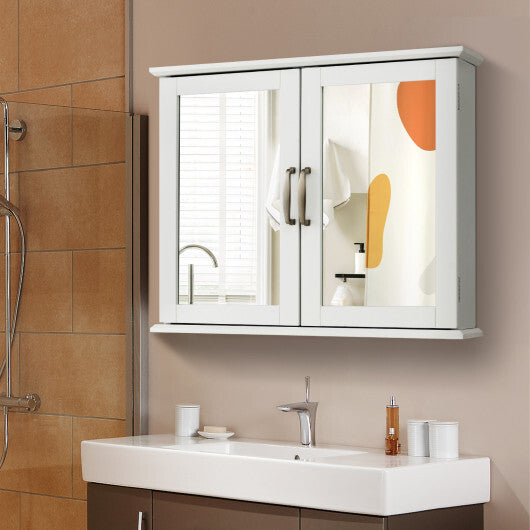 2-Tier Bathroom Wall-Mounted Mirror Storage Cabinet with Handles-White W2B