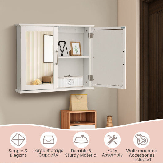 2-Tier Bathroom Wall-Mounted Mirror Storage Cabinet with Handles-White W2B