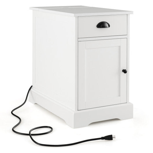 End Table with Charging Station and Flip Top-White W2B
