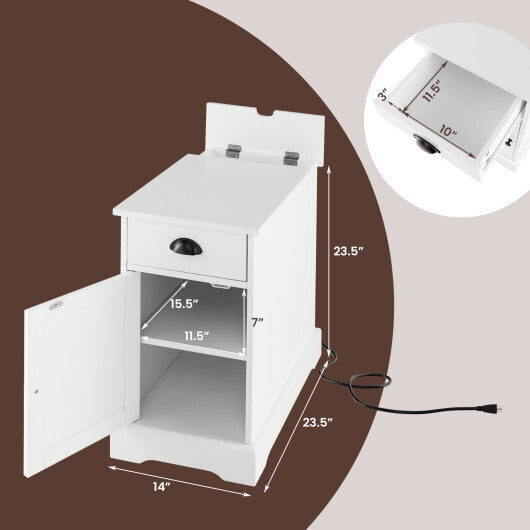 End Table with Charging Station and Flip Top-White W2B