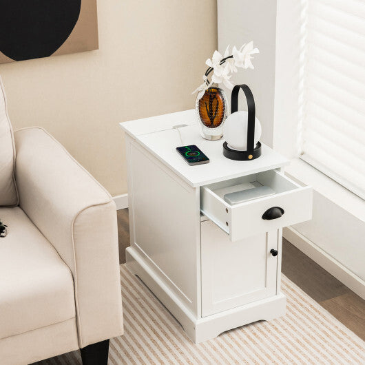 End Table with Charging Station and Flip Top-White W2B