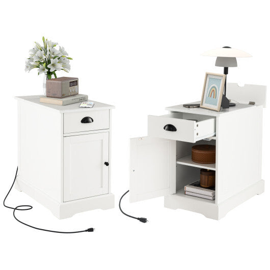 End Table with Charging Station and Flip Top-White W2B