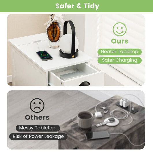 End Table with Charging Station and Flip Top-White W2B
