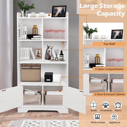 4 Tiers Bookshelf with 4 Cubes Display Shelf and 2 Doors-White - Color: White W2B