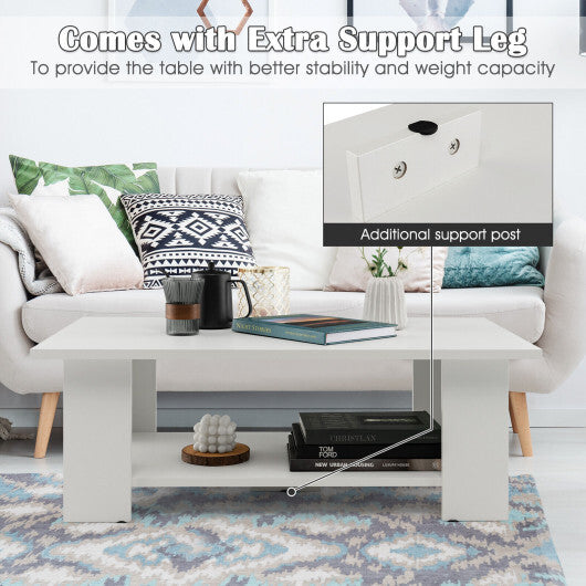 Large 36 Inch 2-Tier Wooden Modern Coffee Table with Storage Shelf-White - Color: White W2B