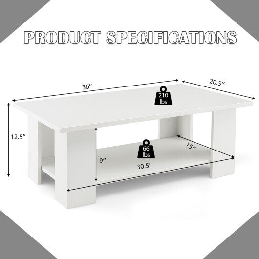Large 36 Inch 2-Tier Wooden Modern Coffee Table with Storage Shelf-White - Color: White W2B