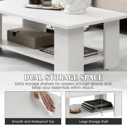 Large 36 Inch 2-Tier Wooden Modern Coffee Table with Storage Shelf-White - Color: White W2B