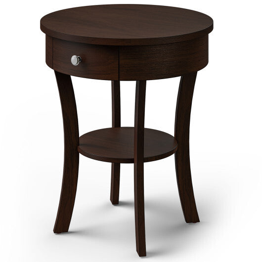 2-Tier Wood Round End Table with Open Drawer-White W2B