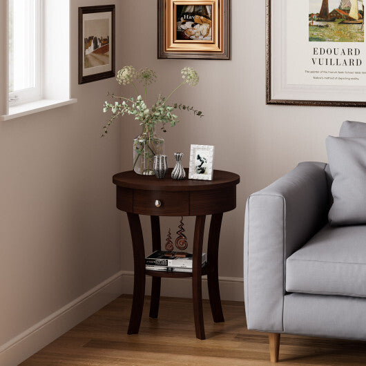 2-Tier Wood Round End Table with Open Drawer-White W2B