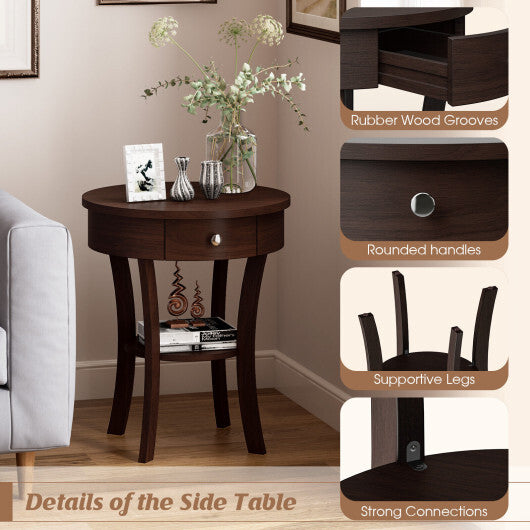 2-Tier Wood Round End Table with Open Drawer-White W2B