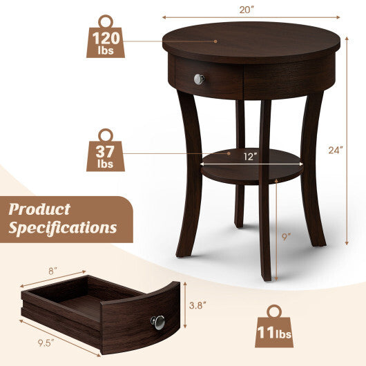 2-Tier Wood Round End Table with Open Drawer-White W2B