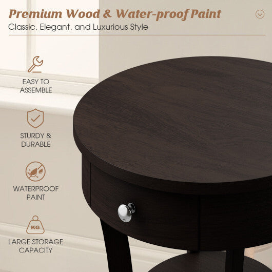 2-Tier Wood Round End Table with Open Drawer-White W2B