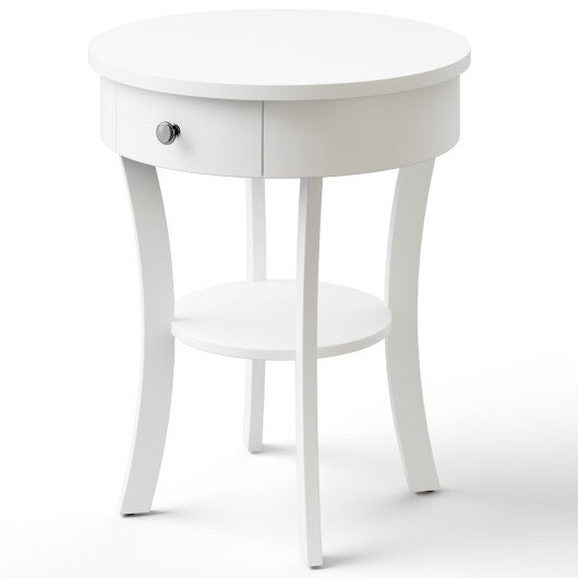 2-Tier Wood Round End Table with Open Drawer-White W2B