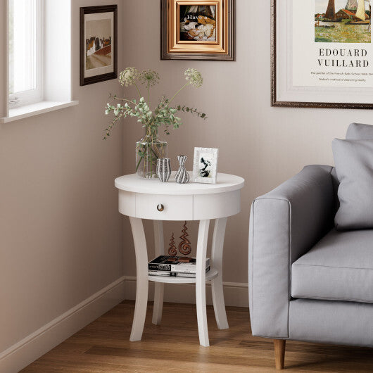 2-Tier Wood Round End Table with Open Drawer-White W2B