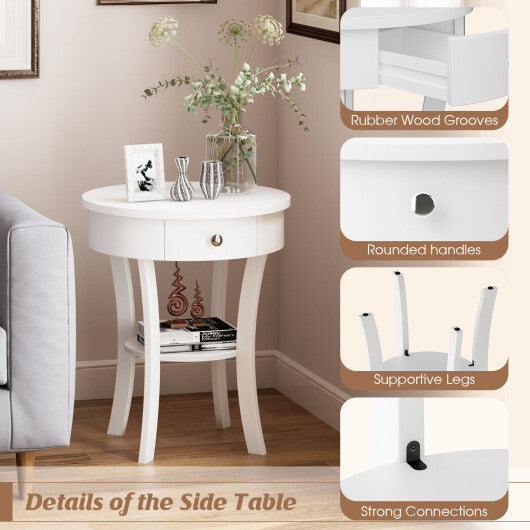 2-Tier Wood Round End Table with Open Drawer-White W2B