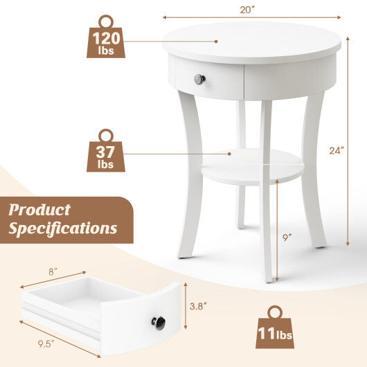 2-Tier Wood Round End Table with Open Drawer-White W2B
