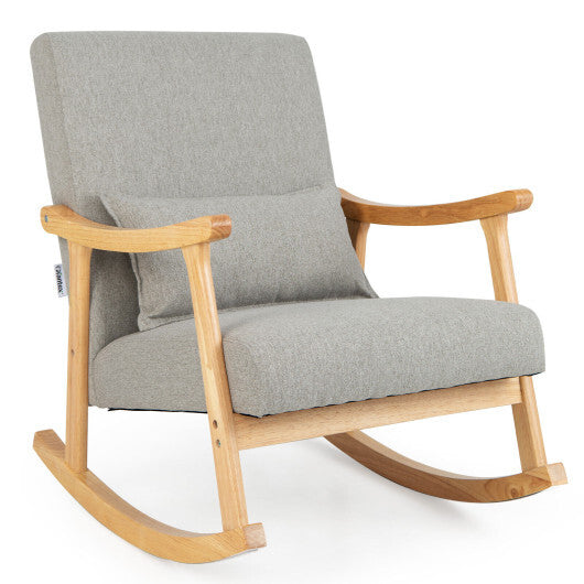 Upholstered Rocking Chair with Pillow and Rubber Wood Frame-Gray W2B