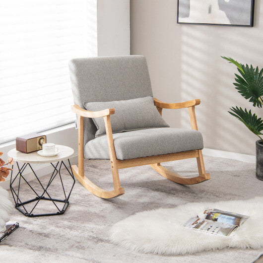 Upholstered Rocking Chair with Pillow and Rubber Wood Frame-Gray W2B