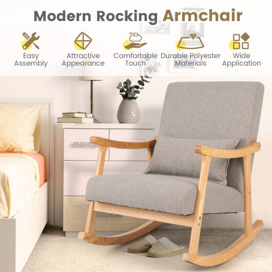 Upholstered Rocking Chair with Pillow and Rubber Wood Frame-Gray W2B