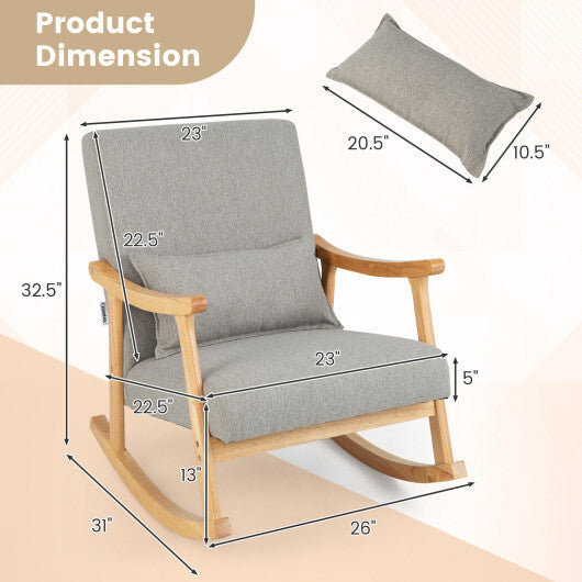 Upholstered Rocking Chair with Pillow and Rubber Wood Frame-Gray W2B