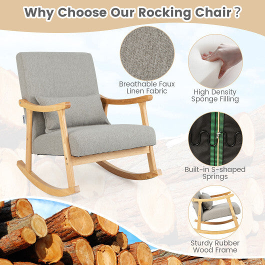 Upholstered Rocking Chair with Pillow and Rubber Wood Frame-Gray W2B