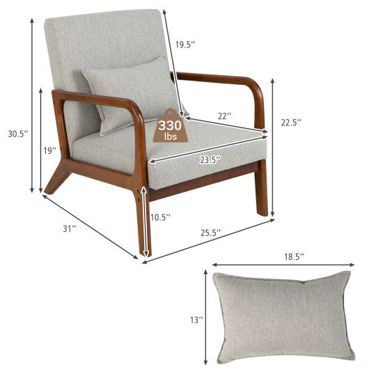 Modern Accent Chair with Rubber Wood Frame and Lumbar Pillow-Beige
