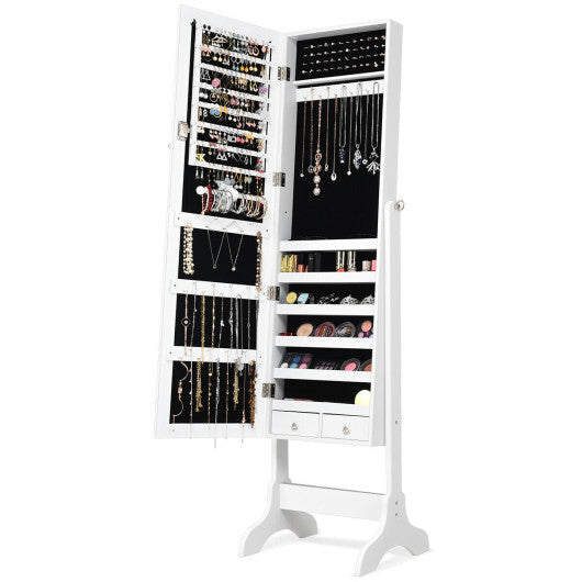 Lockable Mirrored Jewelry Cabinet Armoire Storage Organizer Box-White W2B
