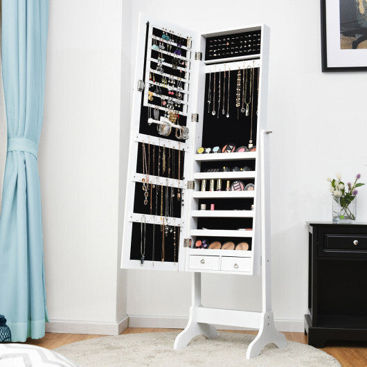 Lockable Mirrored Jewelry Cabinet Armoire Storage Organizer Box-White W2B
