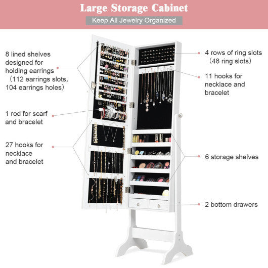 Lockable Mirrored Jewelry Cabinet Armoire Storage Organizer Box-White W2B